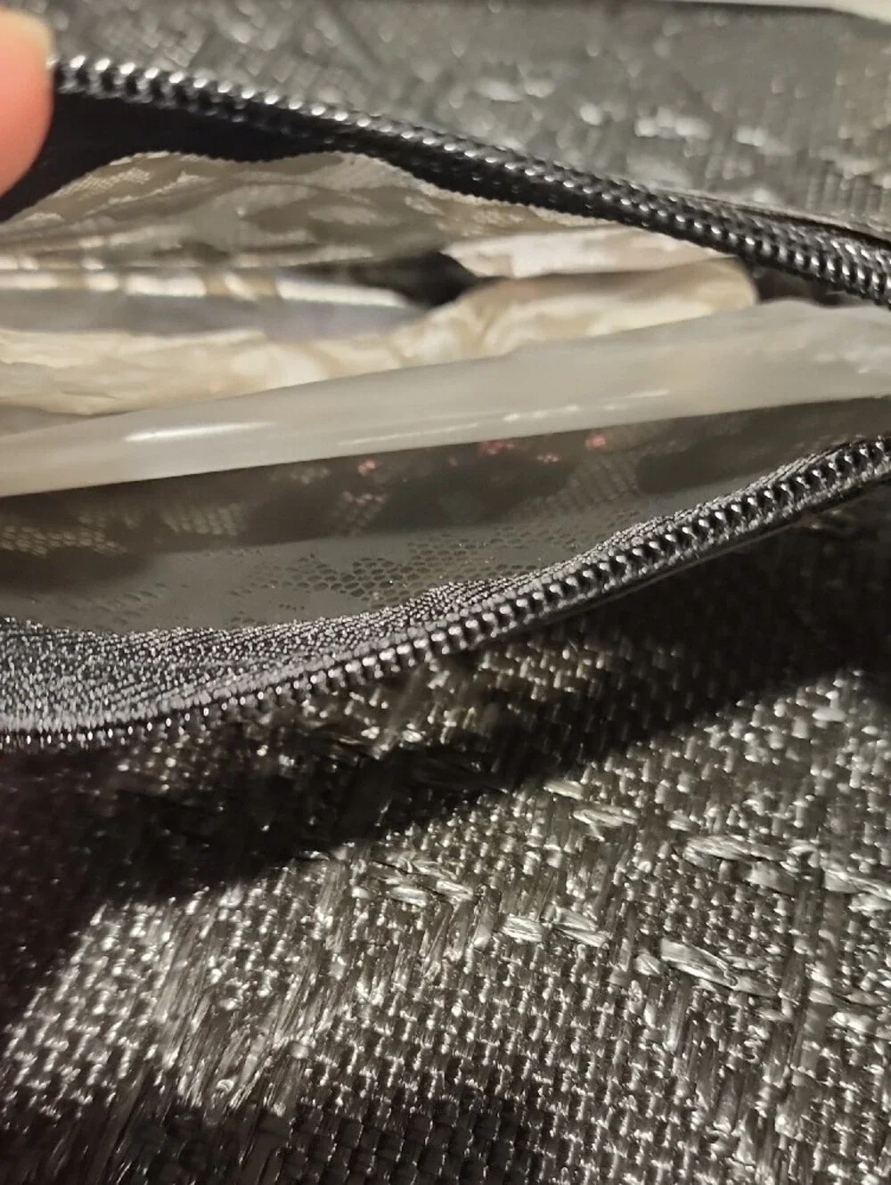 Victoria's Secret Black Lace Cosmetic Pouch with Pink Script